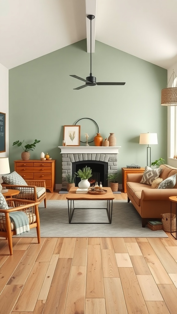 Cozy farmhouse living room with a green accent wall and wooden furniture.