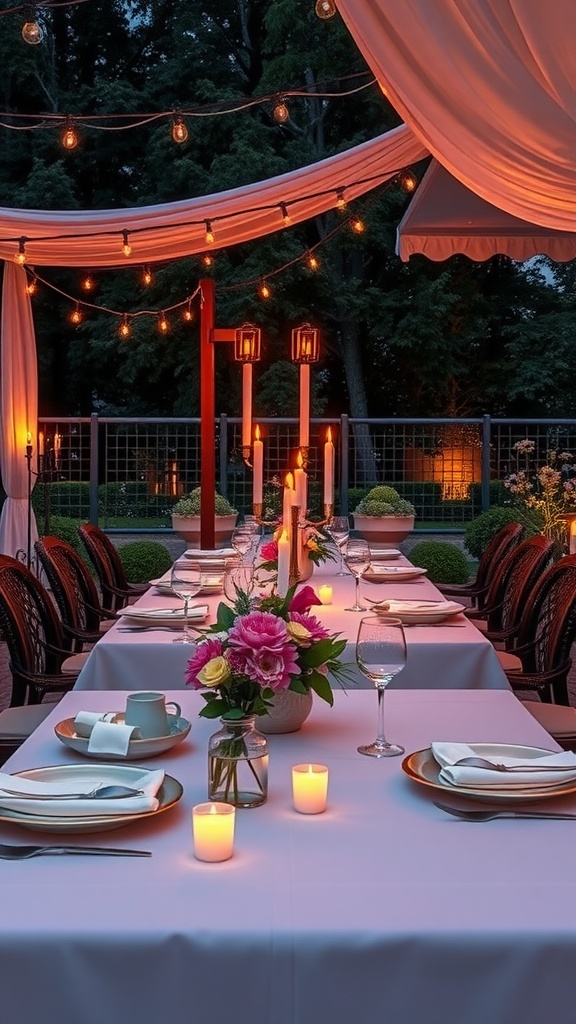 An elegant alfresco dining setup with candles, flowers, and string lights in an outdoor space.