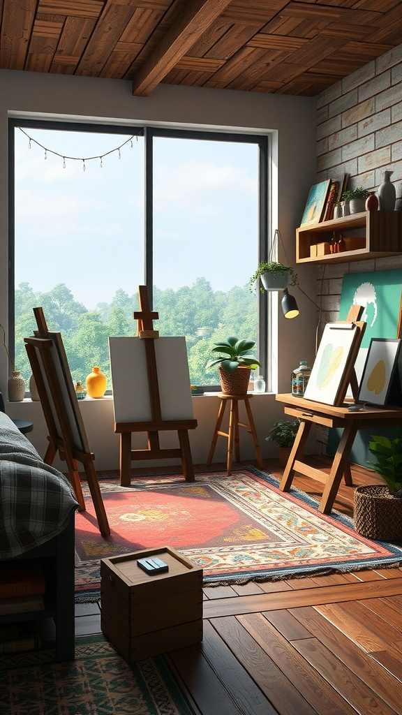 A cozy artistic studio space with wooden easels, a large window, and a warm atmosphere.