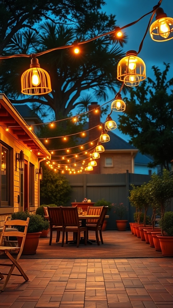 Cozy outdoor dining space with bistro lights hanging above
