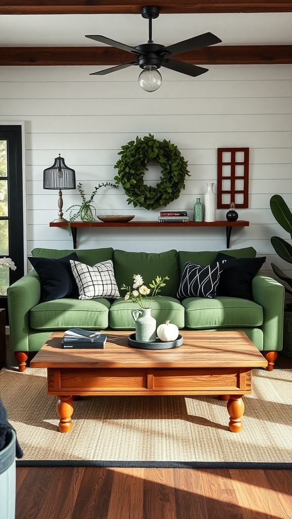 A cozy farmhouse living room with a green couch, wooden coffee table, and black accents.