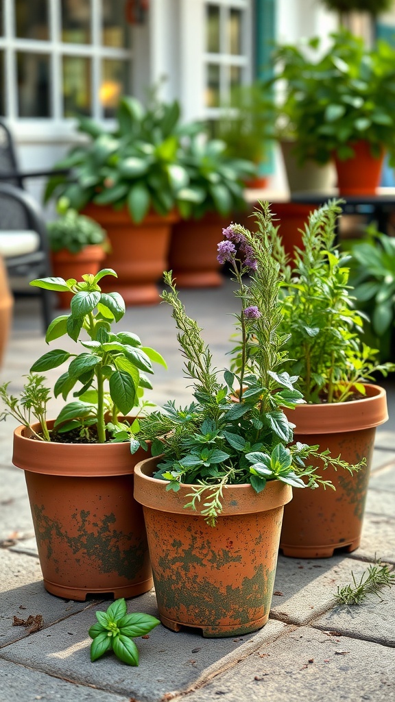 A bountiful herb garden with pots of basil, mint, and rosemary.