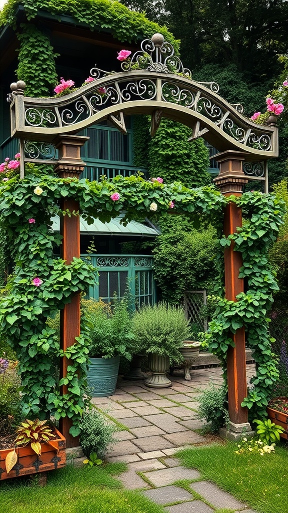 A charming garden trellis covered with green vines and pink flowers, leading to a lovely garden area with various plants.