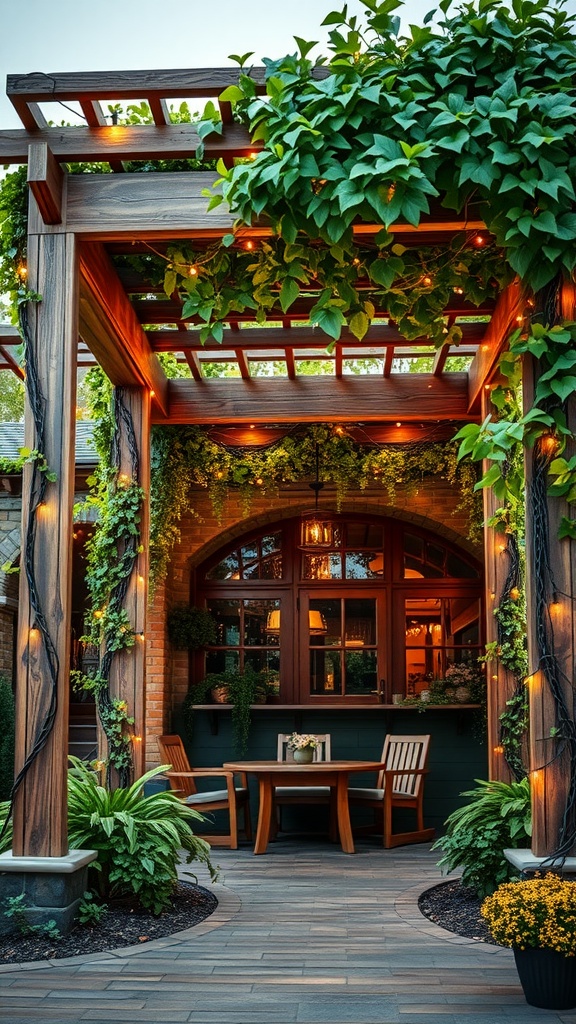 A cozy outdoor pergola with greenery and lights.