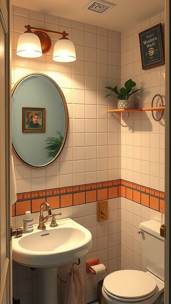 A small vintage bathroom with orange tiles, a round mirror, and a plant.