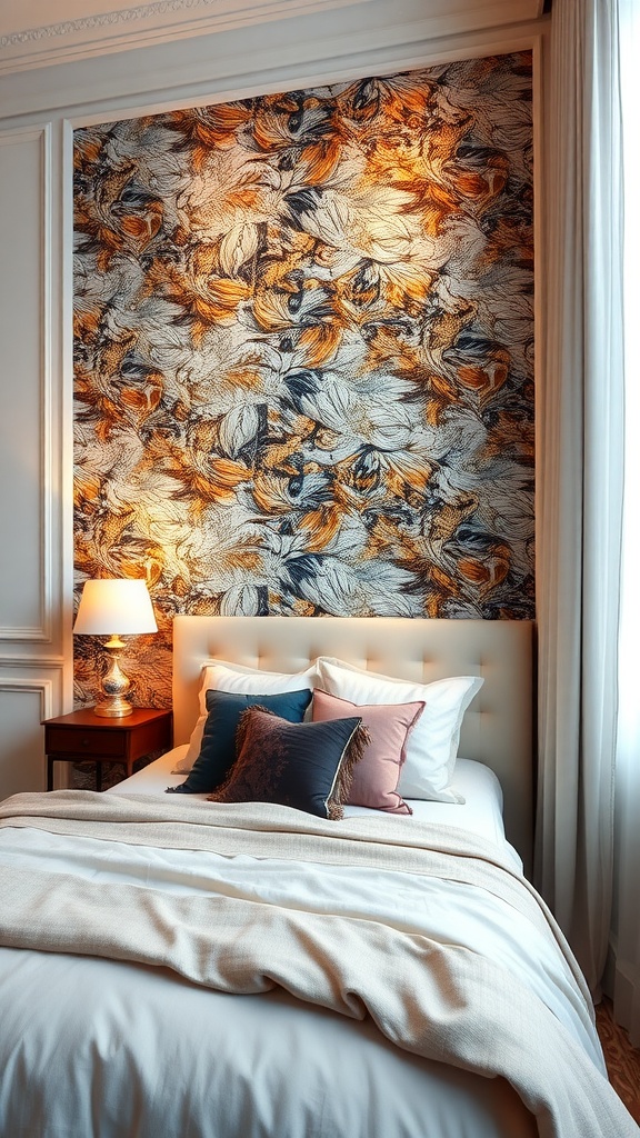 A modern luxury bedroom featuring a chic accent wall with a colorful pattern and a well-decorated bed.