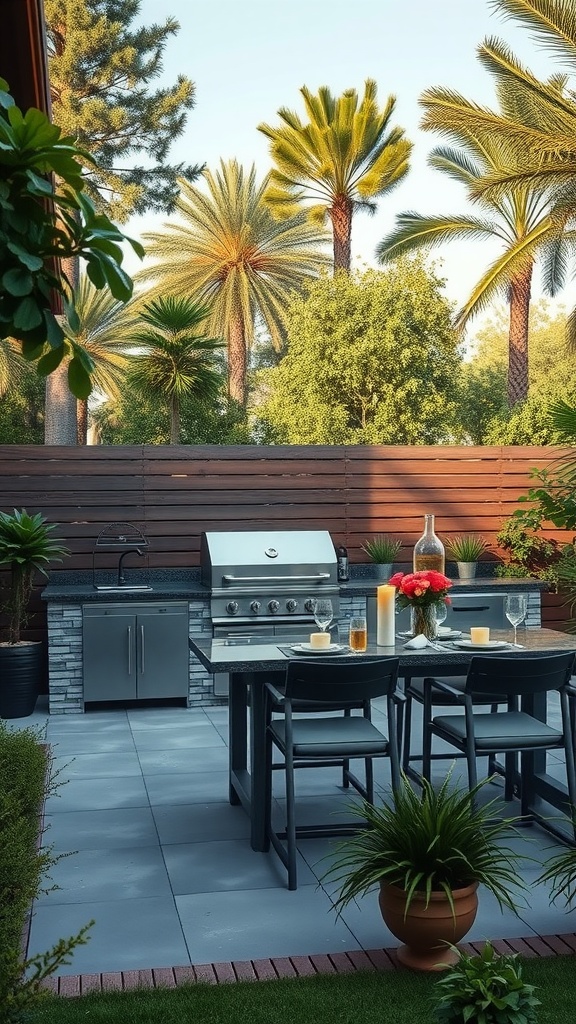 Stylish outdoor kitchen with a grill, dining table, and lush greenery