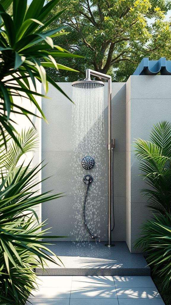 A chic outdoor shower surrounded by greenery, featuring a modern design with a spacious showerhead and sleek fixtures.