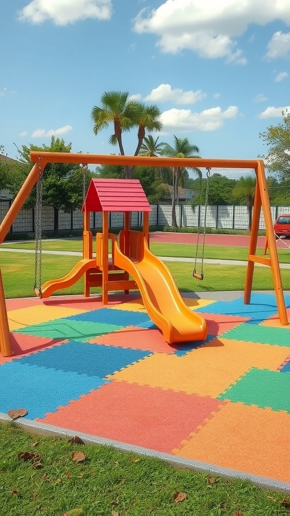 Colorful children's play area with a slide and swings on a sunny day