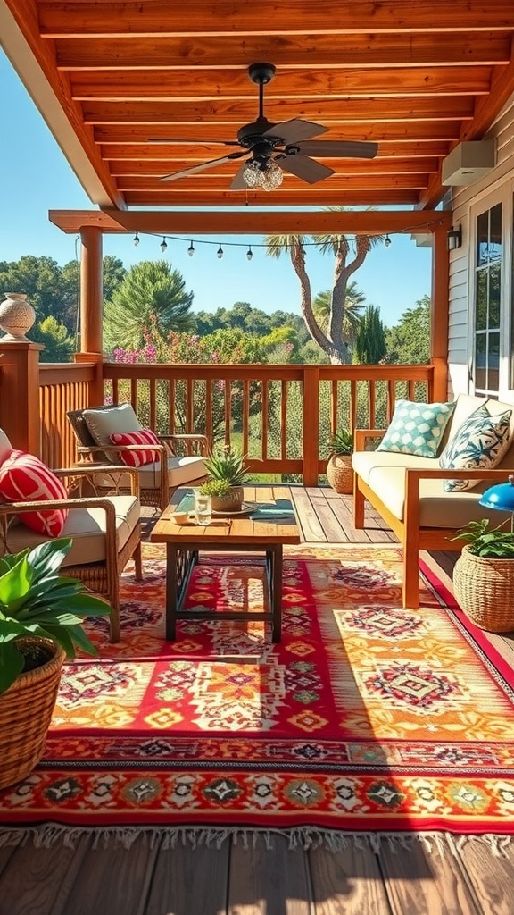 Colorful outdoor rug on a porch, surrounded by comfortable furniture and plants.