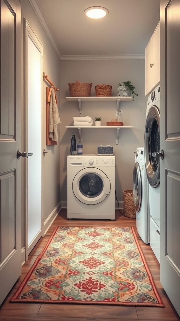 A small laundry room featuring a colorful patterned rug, washing machine, shelves, and decorative baskets.