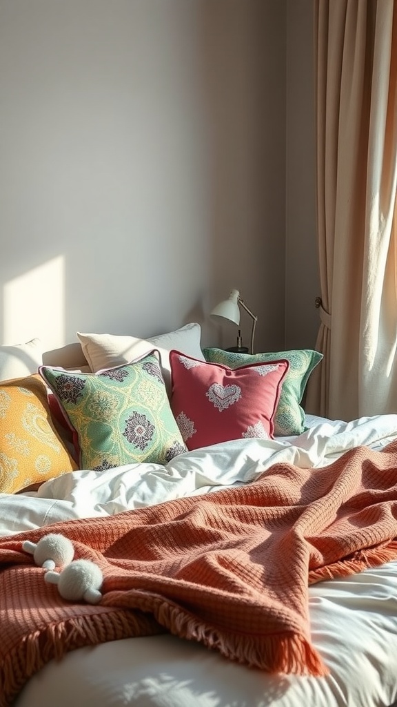 A cozy bedroom with colorful throw pillows on the bed.