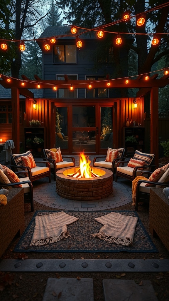 Cozy fire pit gathering area with chairs and string lights