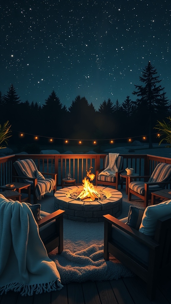 Cozy outdoor fire pit with seating and string lights under a starry sky