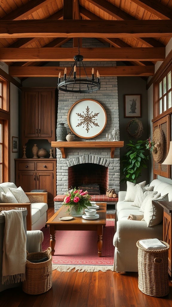 Cozy rustic farmhouse living room with wooden beams and stone fireplace