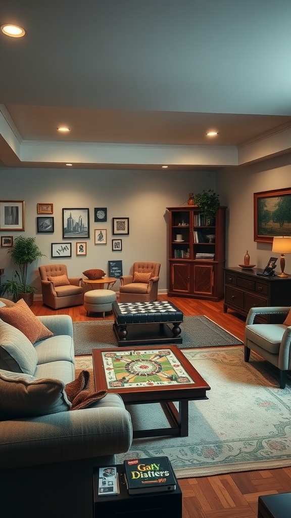 Cozy living room with a coffee table, game board, and comfortable seating, ideal for family game nights.