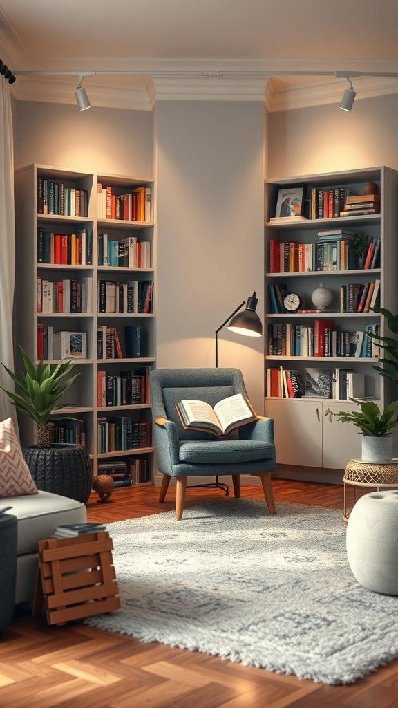 Cozy reading corner with a chair, bookshelves, plants, and warm lighting.