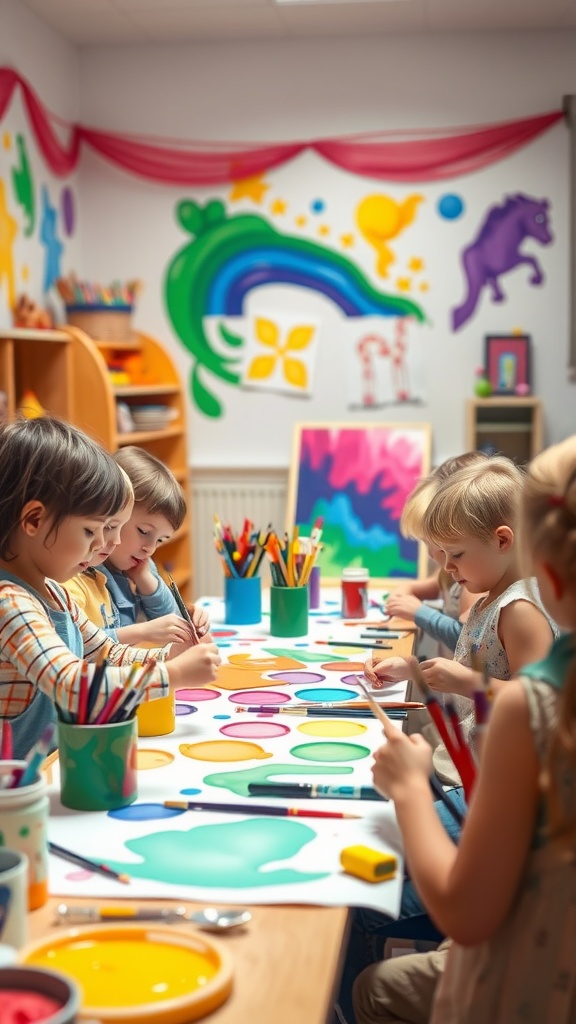 Kids engaged in a colorful art station with mural decor in a playroom