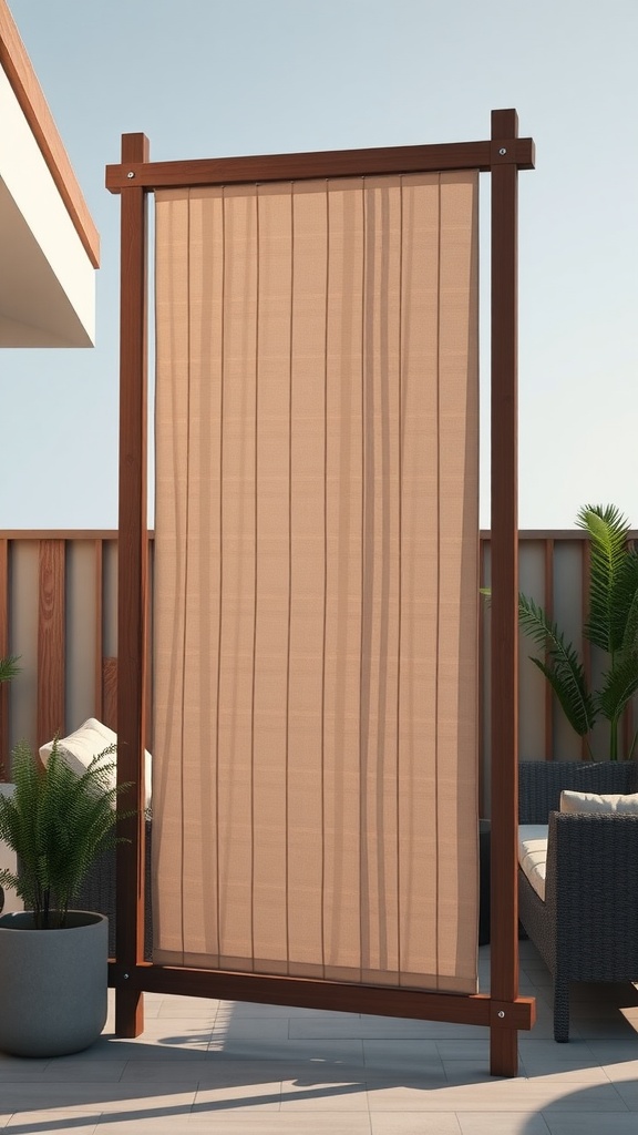 A stylish outdoor patio divider made of wood and fabric, enhancing privacy and style in an outdoor living space.
