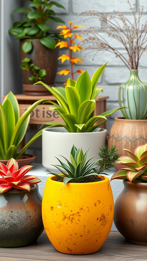 A colorful display of various planters featuring different plants, including a bright yellow planter with a succulent and other textured pots.