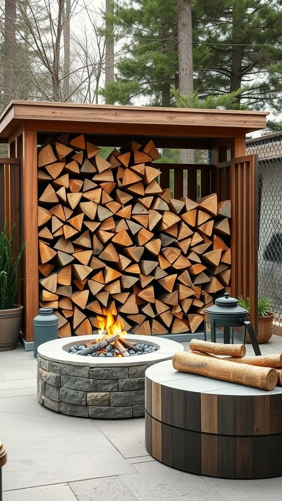 A cozy outdoor space featuring a customized firewood storage unit, a stone fire pit with flames, and modern seating arrangements.