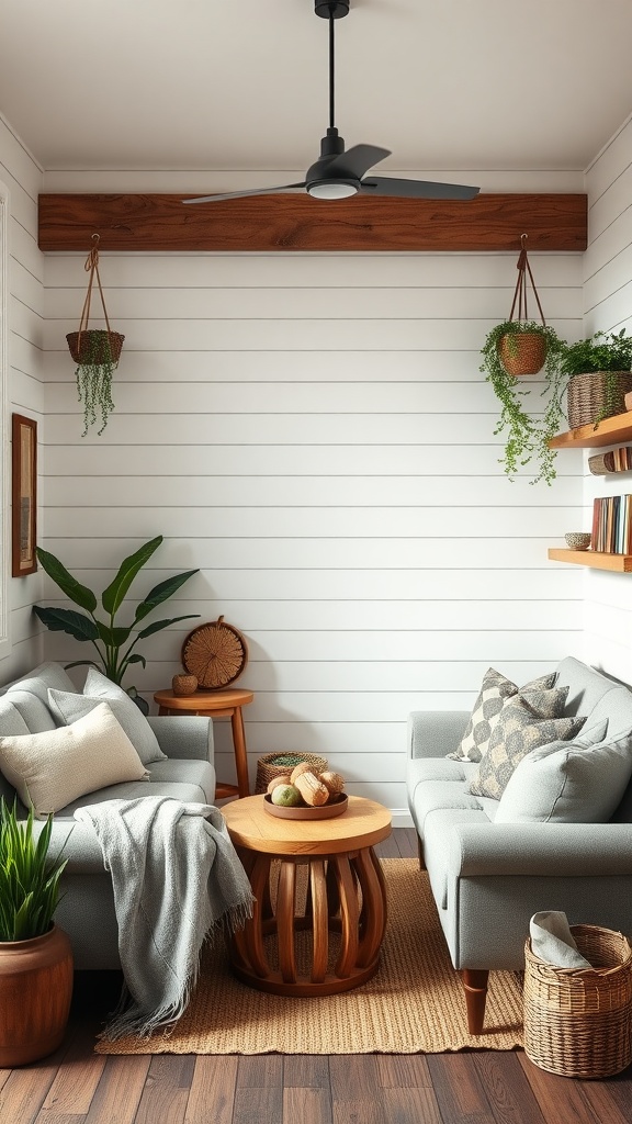 Cozy farmhouse living room with gray sofas, wooden coffee table, and plants