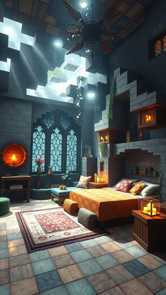 A cozy fantasy-themed bedroom in Minecraft featuring a warm color scheme, large windows, and decorative elements.