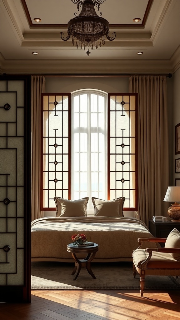 A serene Japanese-style bedroom featuring a folding screen for privacy.