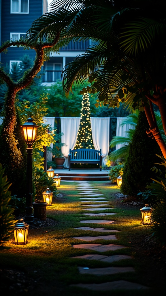 A beautifully lit garden pathway with lanterns guiding the way to a cozy sitting area.