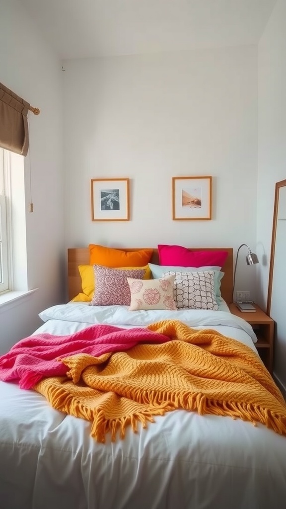 A cozy small bedroom featuring a bed with colorful blankets and cushions, creating a vibrant atmosphere.