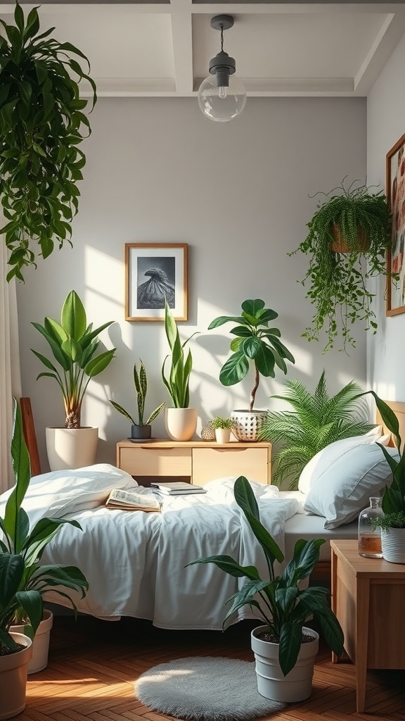 A cozy bedroom featuring various indoor plants, a comfortable bed, and warm wooden furniture.