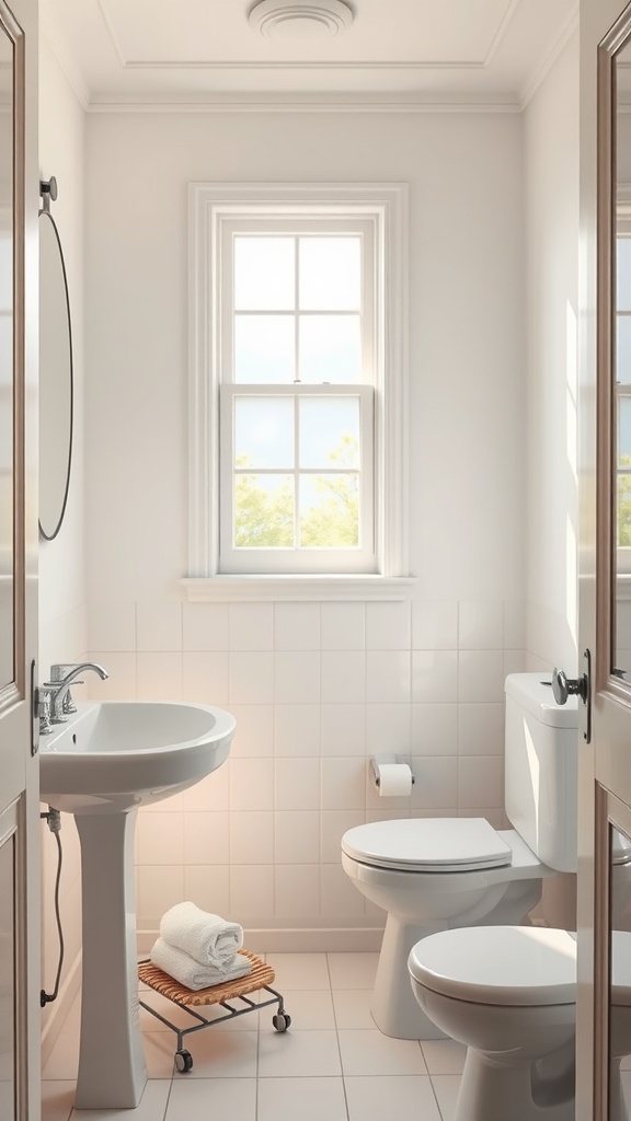 A small bathroom featuring light-colored walls, a pedestal sink, and a window letting in natural light.