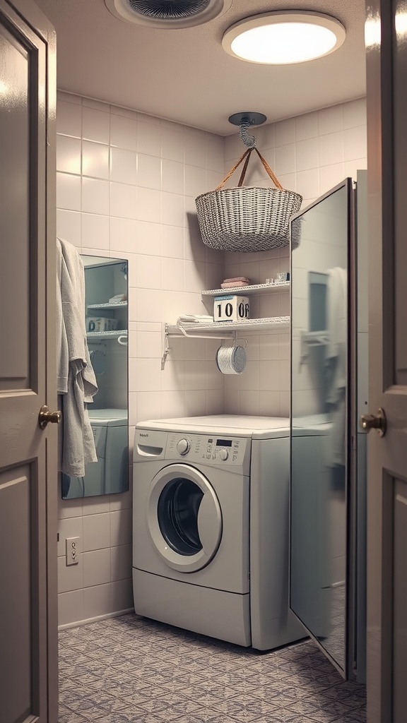 A small laundry room featuring a washing machine, a basket, and a mirror, designed to create a sense of space.