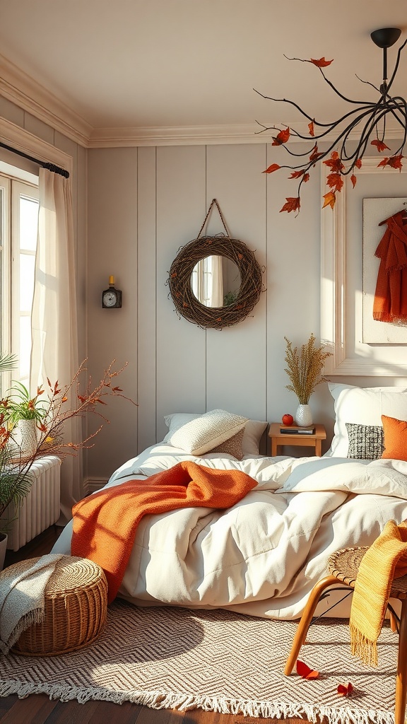 A cozy bedroom decorated with warm colors and seasonal decor.