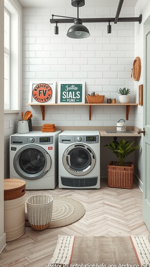 A modern laundry room featuring sleek washing machines, vintage decor, and a warm atmosphere.