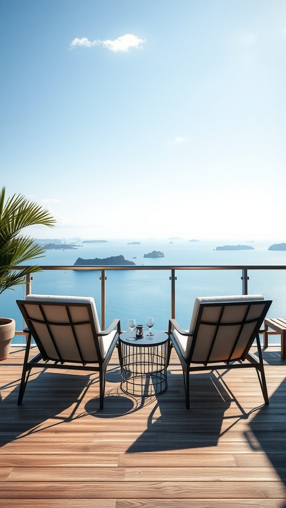 Two lounge chairs facing the ocean with a small table in between, ideal for an outdoor living space.
