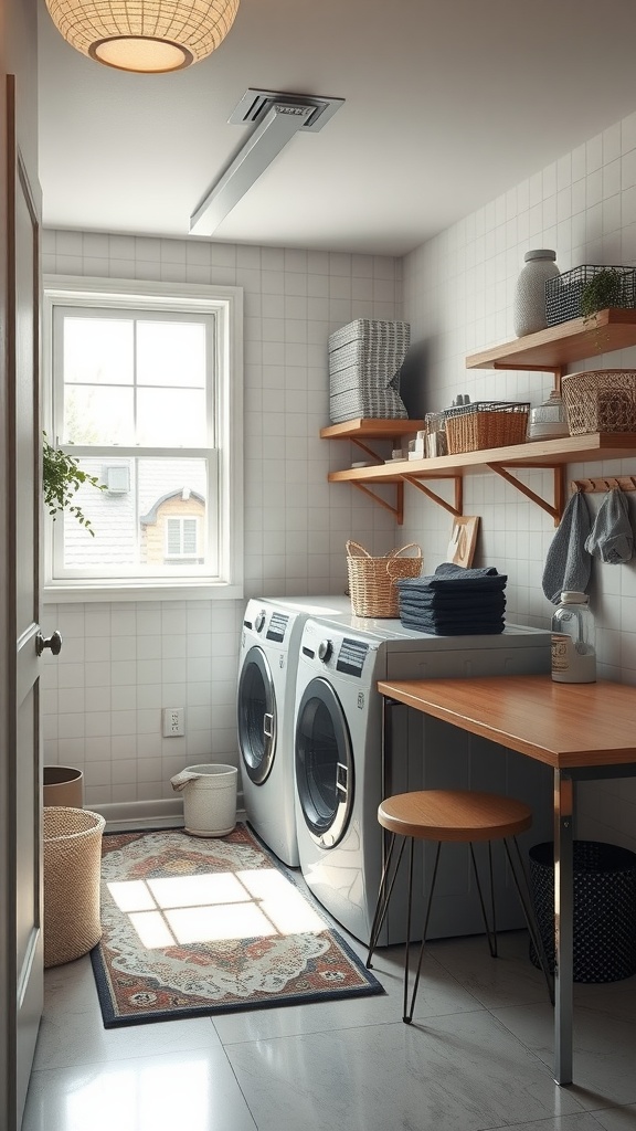 A bright and organized laundry room with modern appliances, wooden shelves, and decorative baskets.