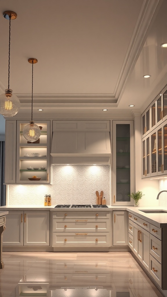 Modern luxury kitchen featuring layered lighting solutions.