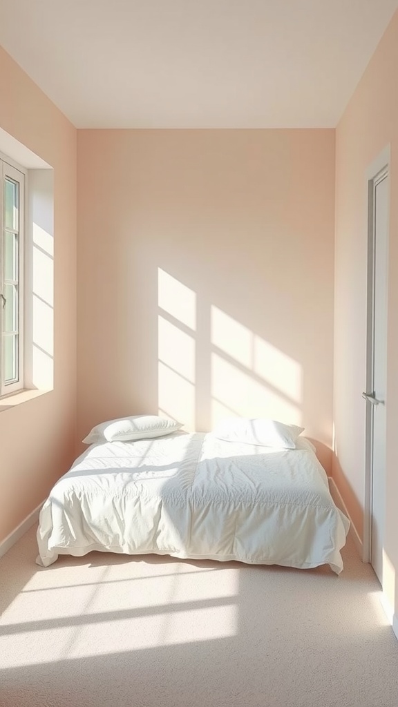 A small bedroom with soft peach walls and a white bed, illuminated by natural light.