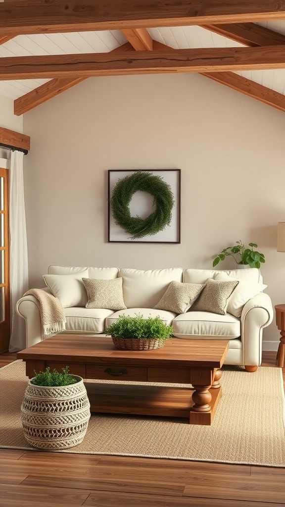 A cozy farmhouse living room with a neutral color scheme, featuring a white sofa, wooden coffee table, and greenery.