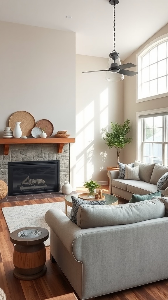 Cozy farmhouse living room with light walls, textured stone fireplace, and comfortable seating.