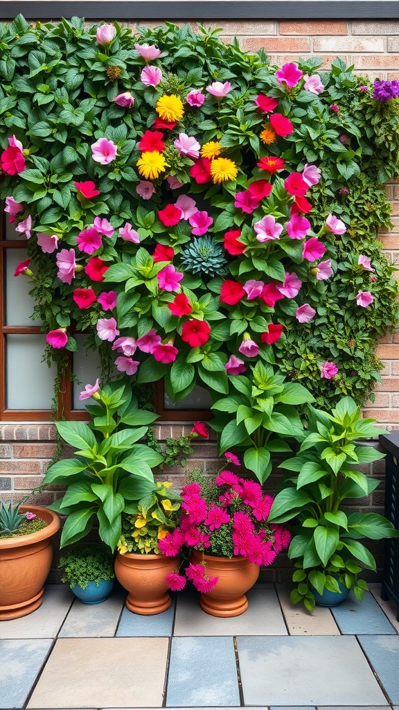 A vibrant vertical garden filled with colorful flowers and lush greenery, showcasing planting pots below.