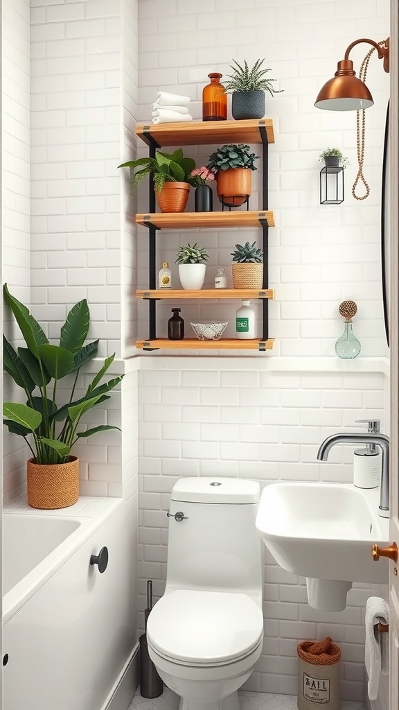 A small bathroom with a stylish shelving unit displaying plants and decorative items.