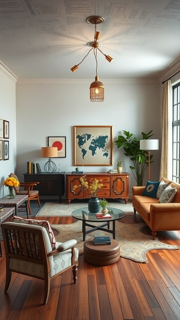 A stylish living room featuring a mix of vintage furniture and modern decor, showcasing a cozy atmosphere.