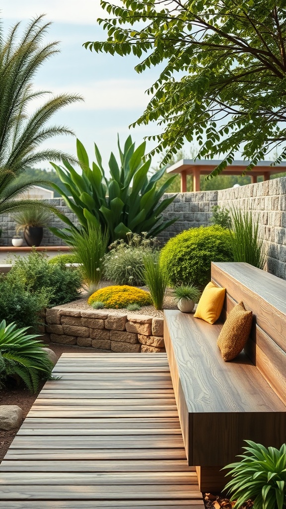 A nature-inspired outdoor seating area featuring a wooden bench with cushions, surrounded by lush greenery.