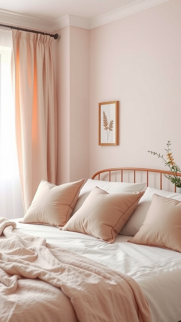 A cozy bedroom with soft pink walls and matching curtains, featuring a neatly made bed with plush pillows.
