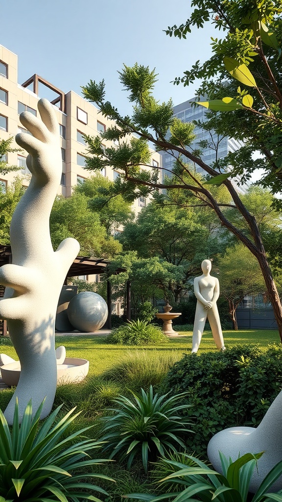 A beautiful outdoor space featuring artistic sculptures surrounded by greenery.