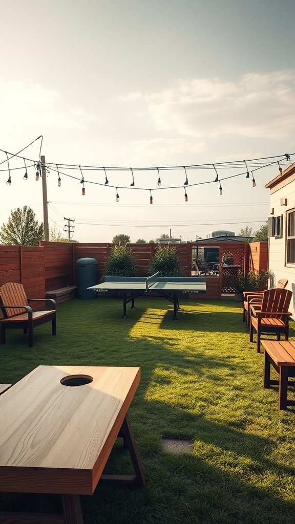 Outdoor game zone with ping pong table and cornhole game setup
