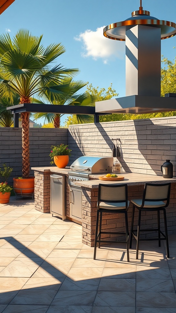 A modern outdoor kitchen setup with a grill, countertop, and seating surrounded by plants.