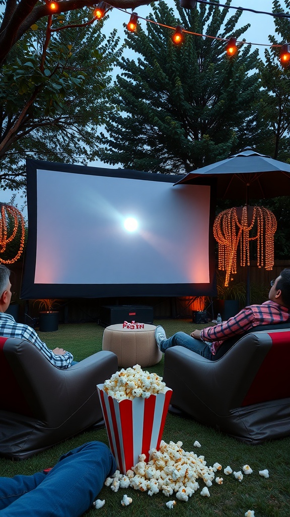 An outdoor movie theater setup featuring a large screen, cozy seating, and spilled popcorn.